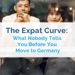 Expat professional couple settling into life in Germany, sitting in a cafe looking out at the city