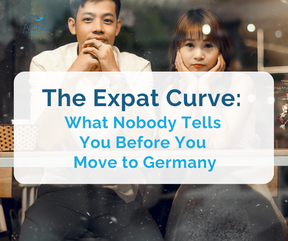 Expat professional couple settling into life in Germany, sitting in a cafe looking out at the city